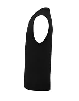 A black sleeveless vest displayed from the side, featuring a simple design and a subtle logo.