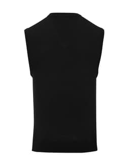 A sleeveless black vest with a simple design, showcasing a fitted silhouette and ribbed hem. It features a logo.