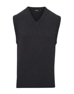 A sleeveless vest in dark grey with a v-neck design and a subtle logo. Suitable for layering.