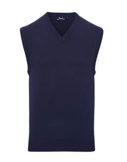 A sleeveless vest in navy blue with a V-neck design and a ribbed hem. It features a logo on the inside.
