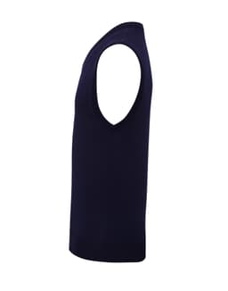 A sleeveless vest in navy blue, featuring a simple design and a side view to highlight its shape.