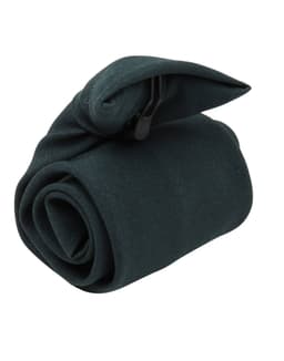 A rolled dark green tie secured with a clip, designed as a clothing accessory.