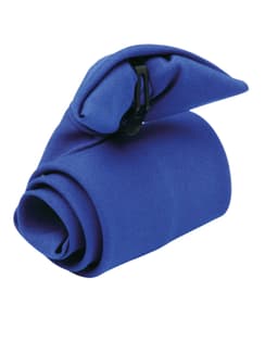 A blue Clip Tie folded neatly, secured with a black clip, designed as a clothing accessory for ties.