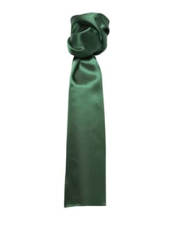 A plain, dark green scarf with a smooth satin finish, featuring a tied detail at one end.