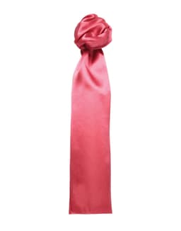 A plain pink scarf made of satin material, elegantly knotted at the top.