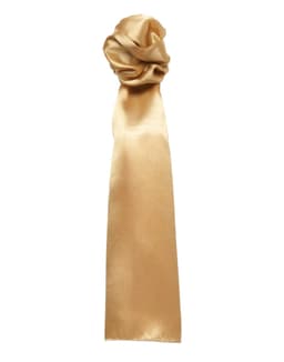 A plain gold scarf with a smooth texture, tied in a loose knot at the top.