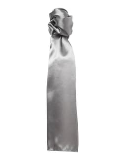 A plain grey scarf with a smooth, satin finish and a knotted detail at the top. It has a logo.