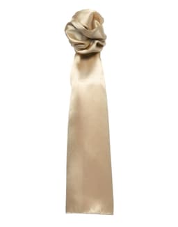 A plain beige scarf with a smooth, satin-like texture, featuring a gathered design at one end.