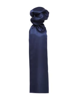 A plain navy scarf hanging loosely, featuring a smooth texture and a simple, elegant design.