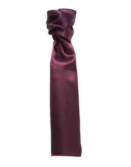 A plain burgundy scarf with a smooth, satin finish and gathered detail at one end. Features a logo.