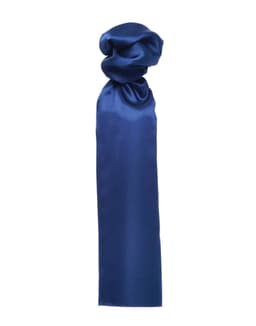 A plain dark blue scarf with a smooth texture, featuring a tied design at the top. It has a subtle branding logo.