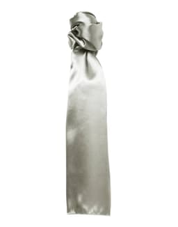 A plain silk scarf in a soft silver colour, knotted at the top. Features a logo.