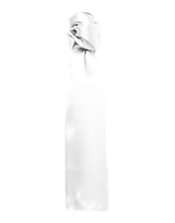 A plain white scarf tied in a knot, made from a smooth fabric, featuring a minimalistic design.