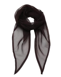 A dark brown chiffon scarf with a sheer design and pointed ends, featuring a delicate edging.