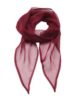 A burgundy chiffon scarf with a lightweight, flowing design and pointed ends. Features a logo.