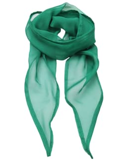 A green chiffon scarf with a silky finish, featuring two pointed ends and a delicate lightweight texture.