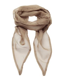 A light brown chiffon scarf featuring a soft, sheer design with pointed ends and a subtle brand logo.