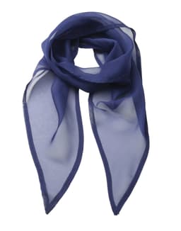 A lightweight chiffon scarf in deep blue, featuring a sheer design with pointed ends and a subtle sheen.