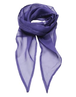 A purple chiffon scarf with a lightweight, sheer texture and pointed ends. It features a logo on one side.