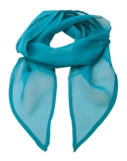 A teal chiffon scarf with a lightweight, sheer texture and pointed ends. Features a branding logo.