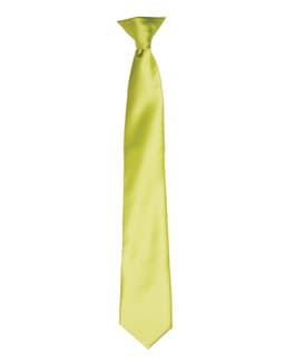 A satin clip tie in a bright lime green colour, featuring a smooth finish and a standard tie shape.