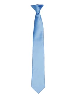 A sleek, satin tie in a soft blue colour, featuring a simple design and a branding logo.