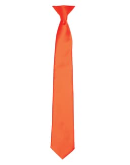 An orange satin clip tie with a slim design and a smooth finish. It features a logo near the tip.