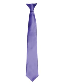 A satin clip tie in a vibrant purple colour, featuring a smooth, shiny finish and a slim design.