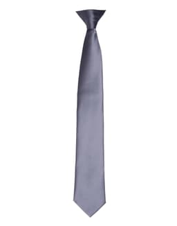 A satin clip tie in a sleek grey colour, featuring a smooth finish and solid design. It has a logo.