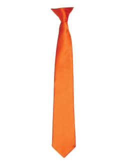 An orange satin clip tie with a smooth finish and a classic shape, featuring a branding logo.