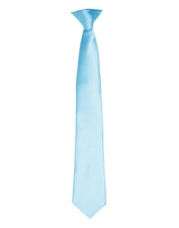 A light blue satin clip tie, featuring a smooth finish and a classic design. Includes a logo on the tie.