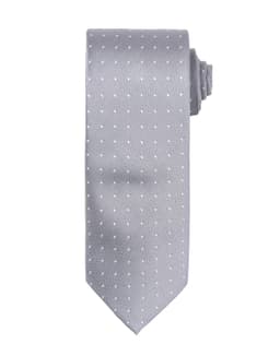 A grey tie with a micro dot pattern, featuring a pointed end and a rolled tie design, complete with a logo.
