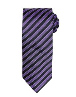 A double stripe tie featuring a black background with purple stripes, and a coordinating knot detail.