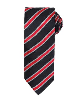 A Waffle Stripe Tie featuring black, red, and white diagonal stripes, with a textured fabric and a neatly tied end.