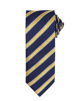 A navy tie featuring diagonal yellow and white stripes, with a textured fabric and a branded label.