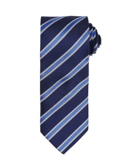 A navy tie featuring a waffle stripe pattern in light blue and white, with a rolled design for storage.