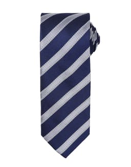 A navy tie with white waffle stripes, featuring a branding logo. Suitable for formal occasions.