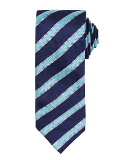 A Waffle Stripe Tie featuring navy blue with light blue stripes, crafted from textured fabric. Includes a logo.
