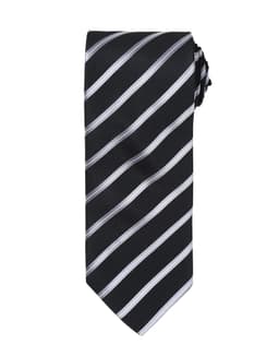 A black tie featuring diagonal white stripes. The tie has a branded logo at one end.