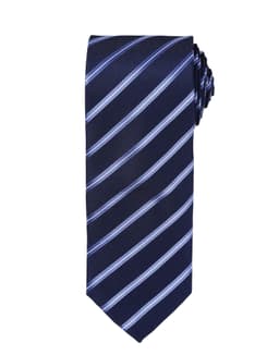 A striped tie featuring navy blue and light blue diagonal stripes, with an attached knot. Includes a branding logo.