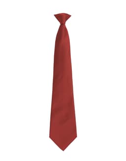 A red tie with a slim design, featuring a knotted top and a smooth finish. It has a branding logo.