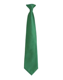 A green tie with a sleek, smooth design and a neck loop, featuring a logo.