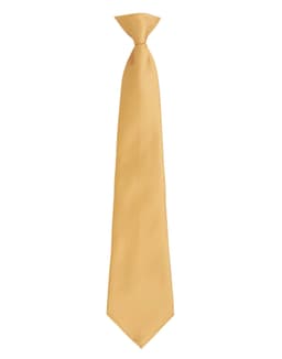 A yellow fashion clip tie with a sleek design, featuring a knot at the top and a plain finish.