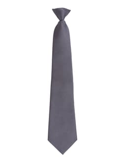A grey tie with a textured finish and a classic design, featuring a branding logo.