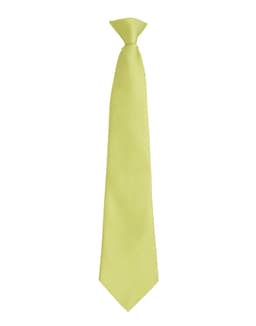 A lime green tie with a smooth finish and a standard width. Includes a branding logo near the knot.