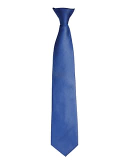 A blue fashion tie with a sleek, textured appearance and a solid colour design. Features a logo at the narrow end.