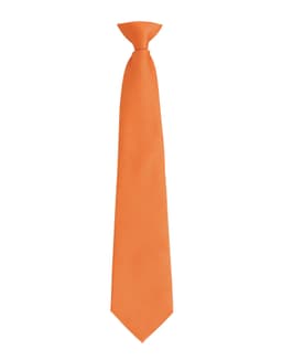 An orange clip tie featuring a clean, simple design. It has a logo but no visible text or badges.