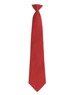 A solid red tie with a sleek design and pointed tip, featuring a branding logo.