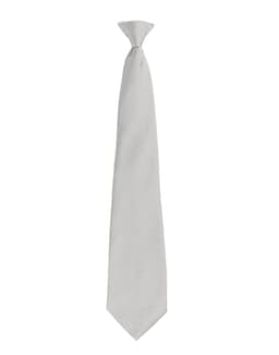 A light grey tie with a classic design, featuring a pointed tip and a loop at the neck. Includes a logo.