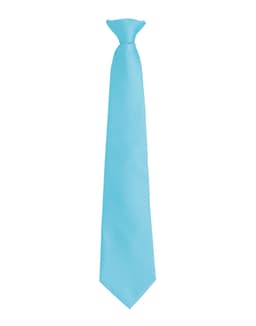 A light blue fashion clip tie with a sleek design and a logo at the top.